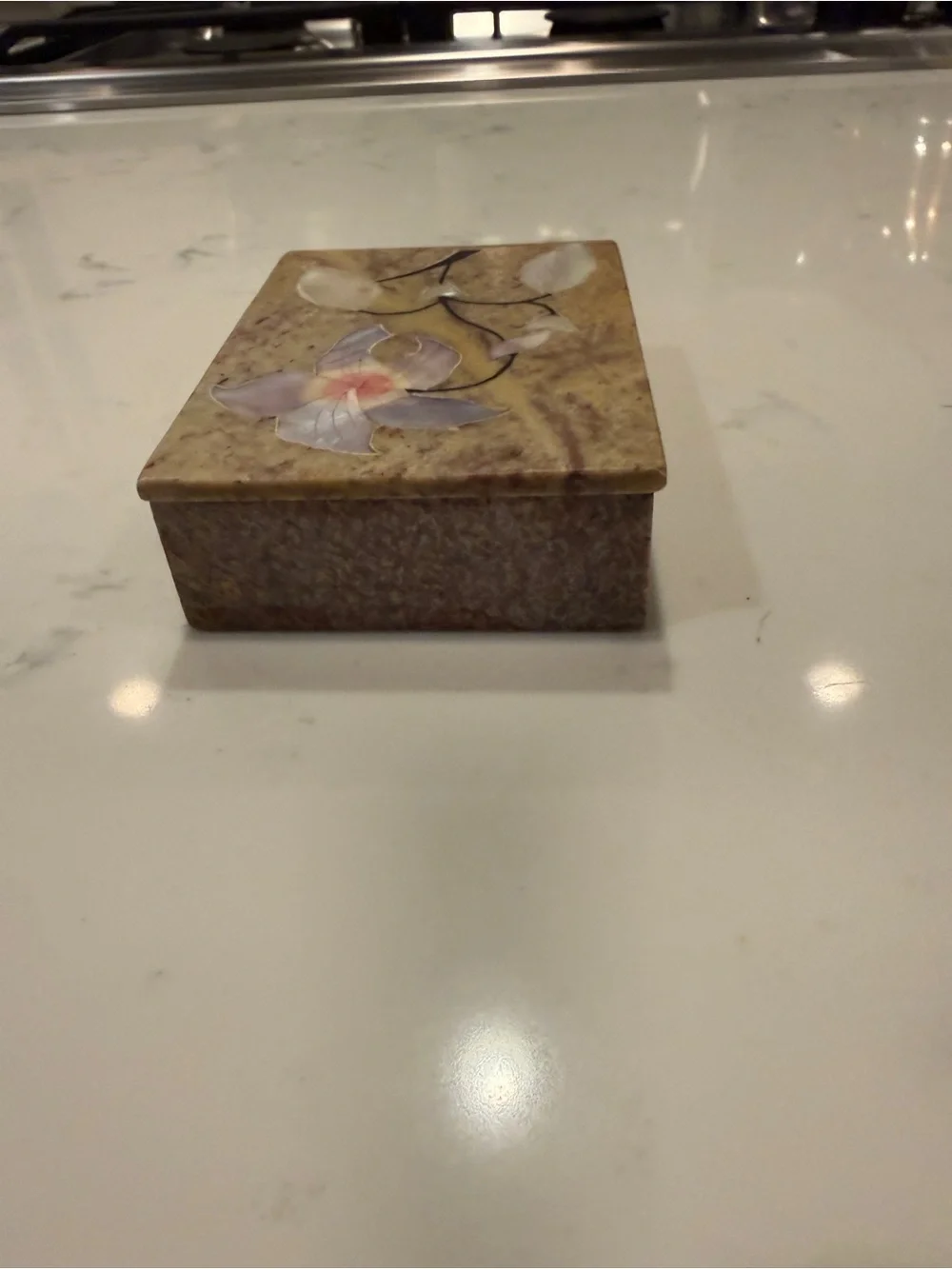 Vintage Soapstone Trinket Box Mother of Pearl Floral Inlay with Lid